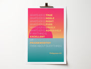 Colorful poster featuring Philippians 4:8 text in bold typography, gradient sunset background, and clip for hanging.