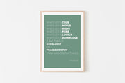 Green poster featuring Philippians 4:8 text in white, framed in light wood, minimalist design.