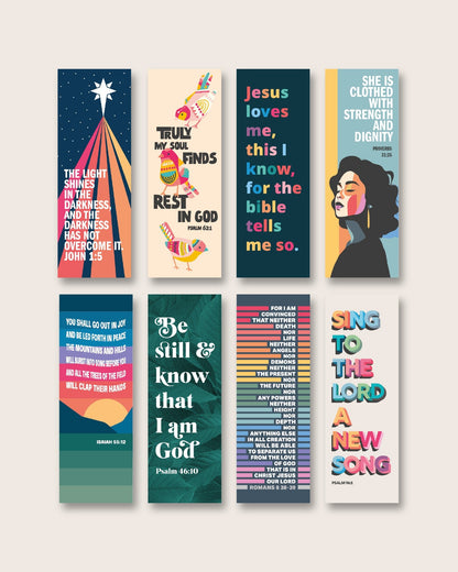 Wholesale Christian bookmarks pack of 80 with 8 bright Bible verse designs, ideal for church shops and Christian retailers.
