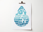 Poster featuring the text in blue and turquoise shaped like a water droplet, with a bible verse reference.