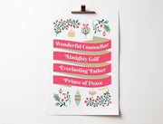 Poster featuring the text 'Wonderful Counsellor, Almighty God, Everlasting Father, Prince of Peace' with floral decorations.