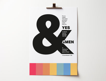 Yes and Amen poster, Bible verse print, bold modern Christian wall art, inspiring faith-filled typography design.