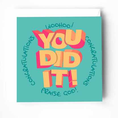 Christian congratulations card, bright bold colours, modern joyful design, faith-inspired greeting for special occasions.