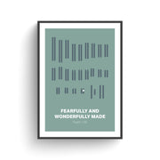 Poster featuring chromosomal variations with text 'Fearfully and Wonderfully Made' and 'Psalm 139' in white on a green