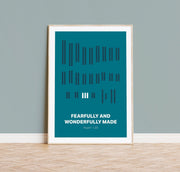 Poster featuring vertical lines on a teal background with the text 'FEARFULLY AND WONDERFULLY MADE' and 'Psalm 139'.