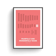 Poster featuring vertical lines on a coral background with the text 'FEARFULLY AND WONDERFULLY MADE' and 'Psalm 139'.