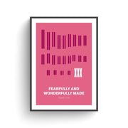Poster featuring chromosomal variations on a pink background with the text 'Fearfully and Wonderfully Made' and 'Psalm 139'.