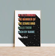 Wall art poster featuring the text from Psalm 147:4 on a starry background with a minimalist design.