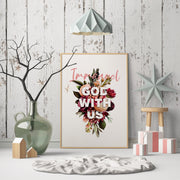 Floral poster with the text 'Immanuel, God with us' displayed in a modern interior setting with decorative elements.
