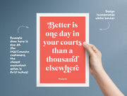 Poster featuring the text 'Better is one day in your courts than a thousand elsewhere' on a coral background with a white