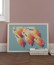 Colorful Psalm 97 poster featuring the text 'The Lord Reigns, Let the Earth Be Glad' with a world map design.