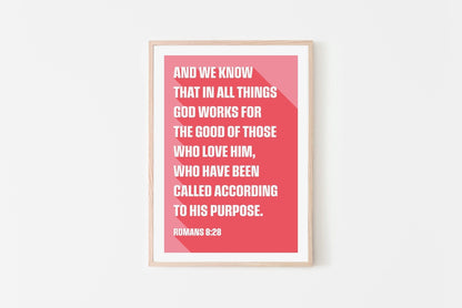 Romans 8 v 28 poster. God works for the good of those who love him. - The Christian Poster Company