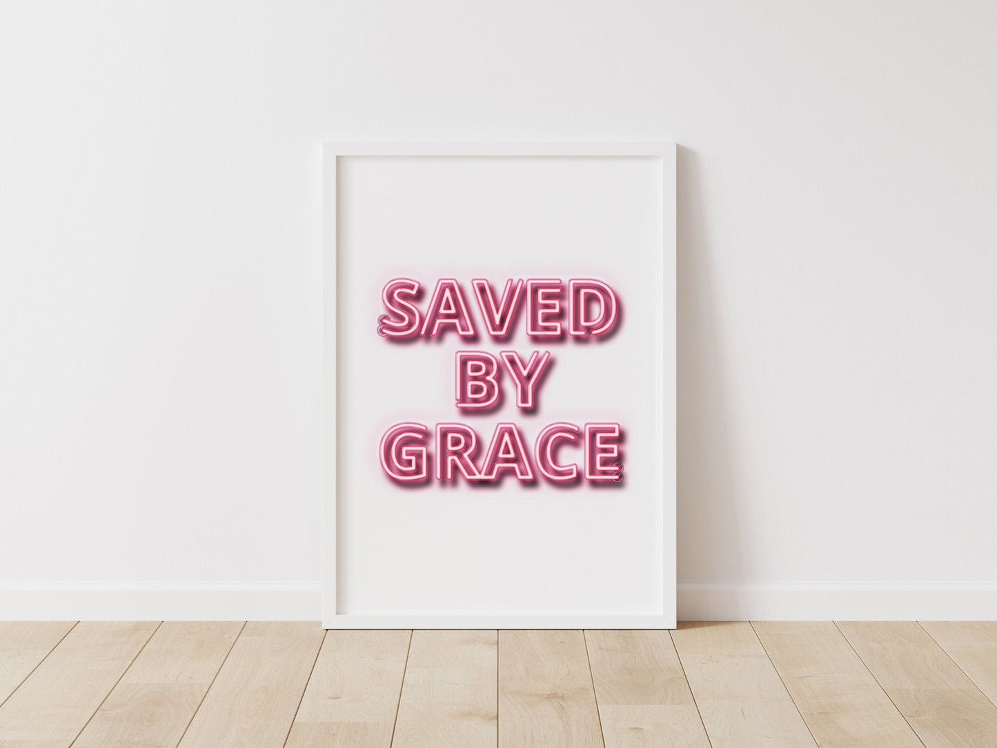 Saved by Grace neon effect modern Christian poster. Christian wall art. - The Christian Poster Company