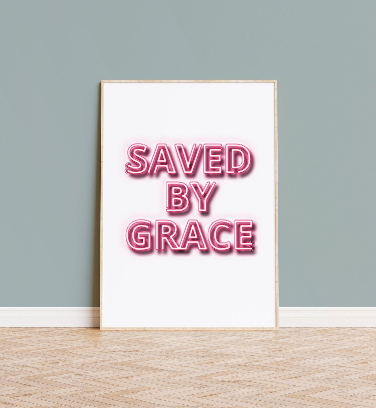 Saved by Grace neon effect modern Christian poster. Christian wall art. - The Christian Poster Company