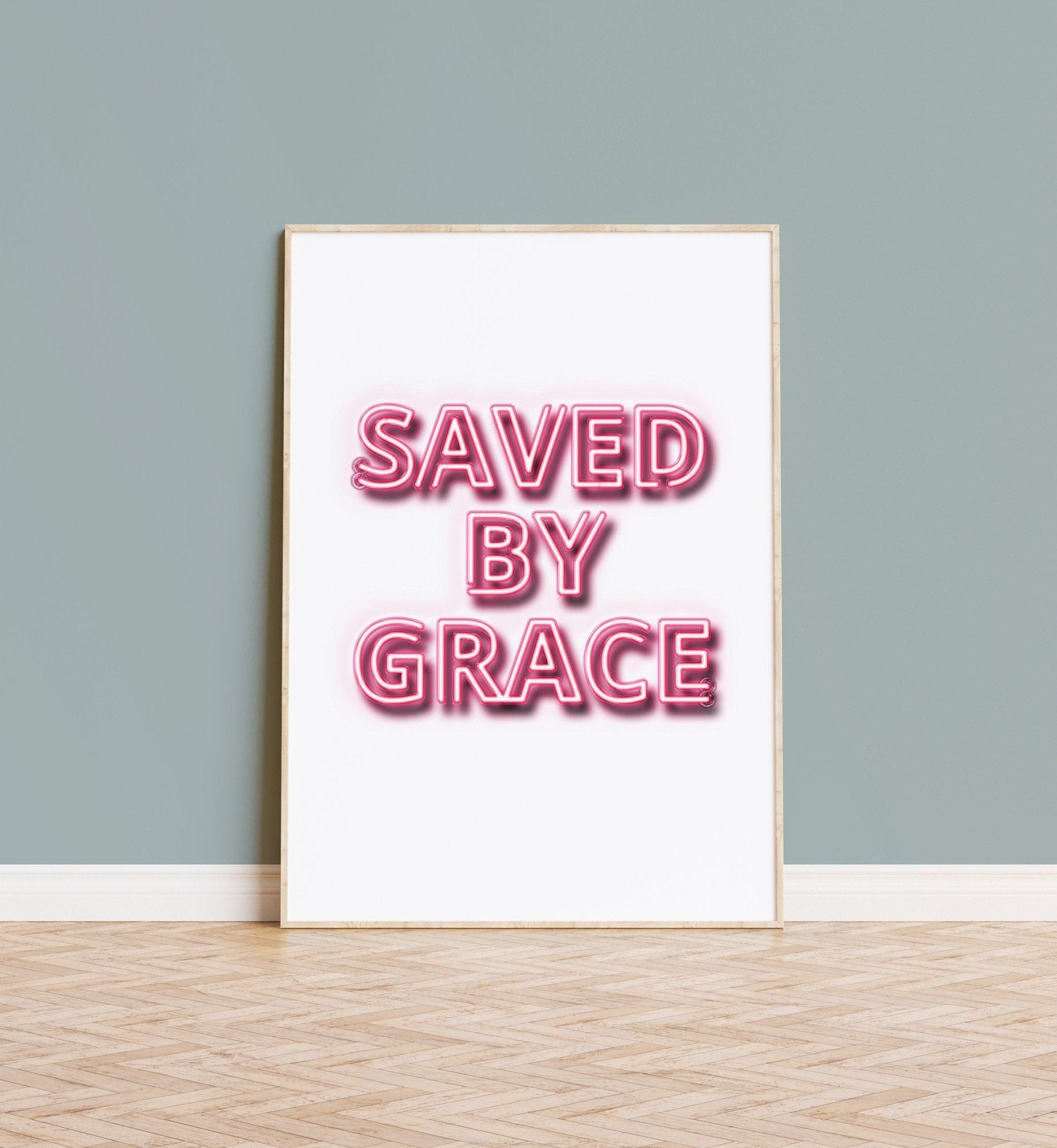 Saved by Grace neon effect modern Christian poster. Christian wall art. - The Christian Poster Company