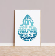 Poster featuring the text 'With joy you will draw water from the wells of salvation Isaiah 12:3' in blue on a light